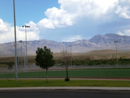 View across street looks at Virgin Valley Mountains